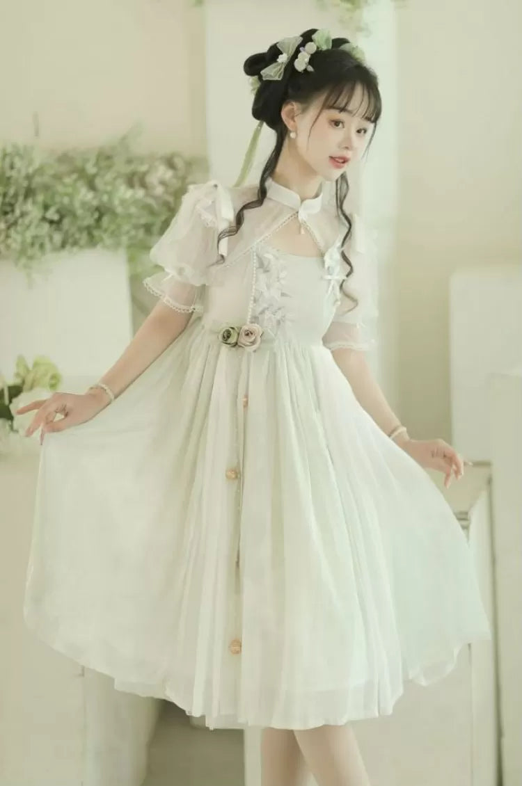 Banded Green Floral Embroidery Top Dress White Collar +