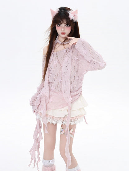 Free Cherry Blossom Pink Asymmetrical Hem Butterfly Coverup Scarf with Accents