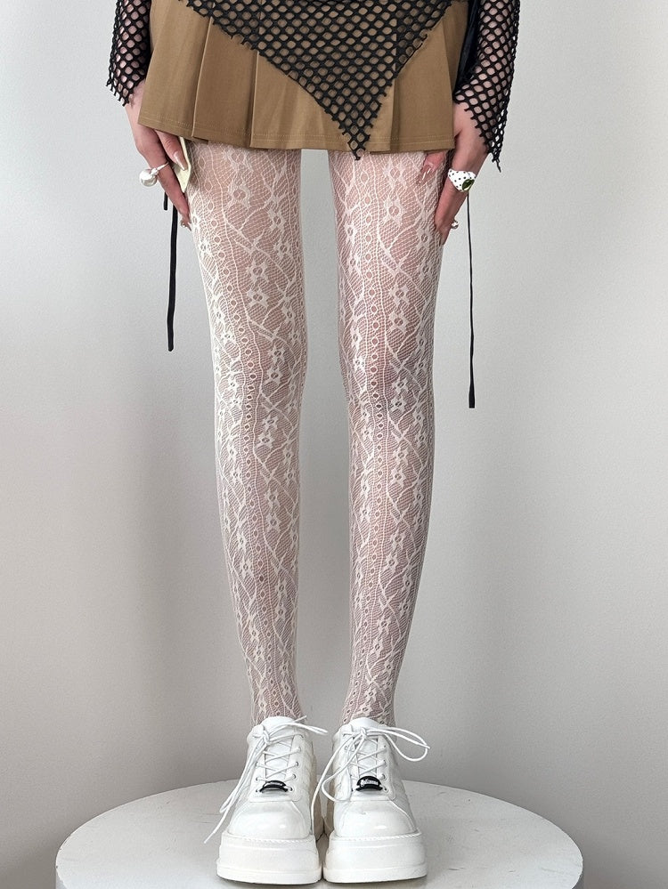 Design Tights Hollow-out Black/White/Gray/Brown/Blue Floral Pattern