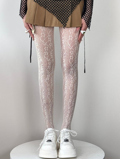 Design Tights Hollow-out Black/White/Gray/Brown/Blue Floral Pattern