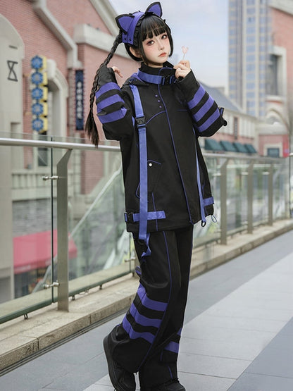 Shorts/Pants Purple Outfit Warmers + Futuristic Fashion Windbreaker Striped Full - Baggy Straight-leg Leg Cyber Set Black