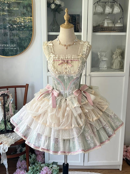 + Princess Green Pink Floral Print and Boned Balletcore Corset Top Skirt Lolita
