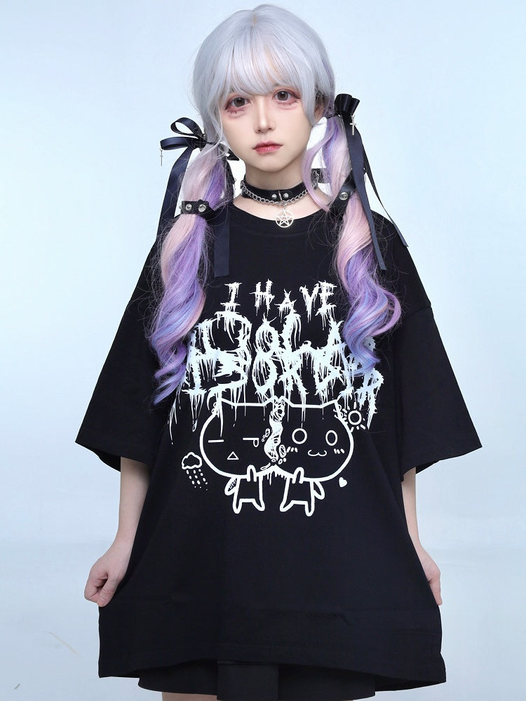 Jirai T-shirt Letter Cat Print Black Kei And