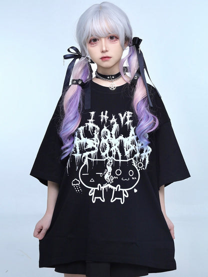 Jirai T-shirt Letter Cat Print Black Kei And