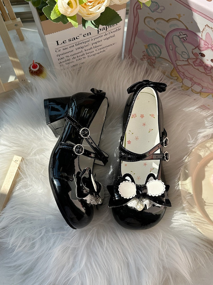 Round Lolita Mid-heel Lace Sweet with Jane Mary Trim Snap Shoes Black