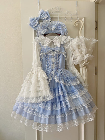 JSK Bow Sweet Fresh Blue Lace Princess with Dress Multi-Layer Details Trim Bead