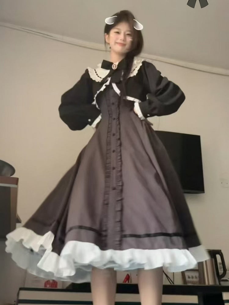 Grau-schwarzes, gefälschtes zweiteiliges Kleid mit Rüschenausschnitt