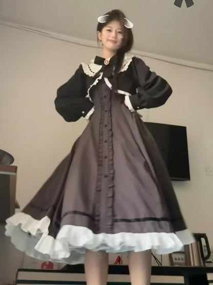 Grau-schwarzes, gefälschtes zweiteiliges Kleid mit Rüschenausschnitt