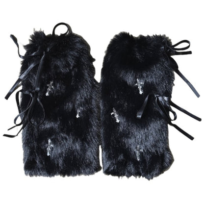 クロスチャーム ブラック ゴシック パンク 蝶結び フェイクファー レッグウォーマー