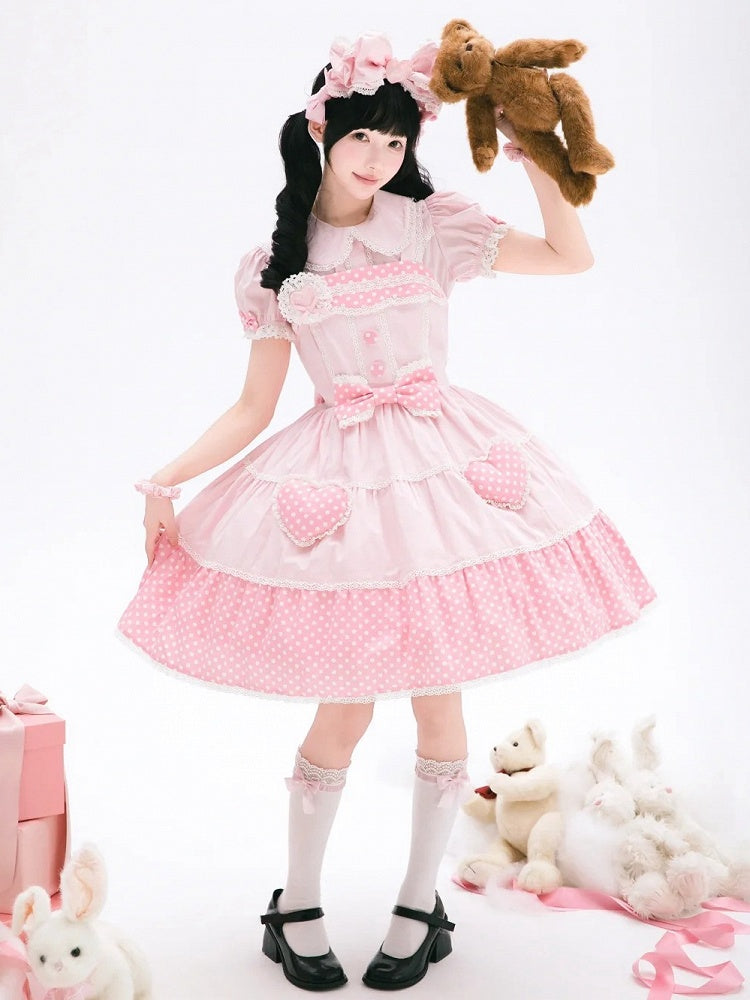Baumwolle Alt Polka Pink Dots Schulkleid Lolita Weiß
