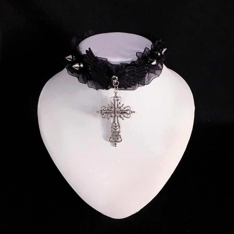 Cross Studs and Choker Pendant Gothic Black/White with Lace Ruffled