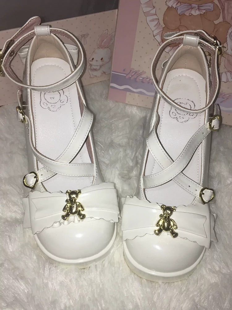 - White Leather Design Heel Lolita Shoes PU with Crisscross for Block High