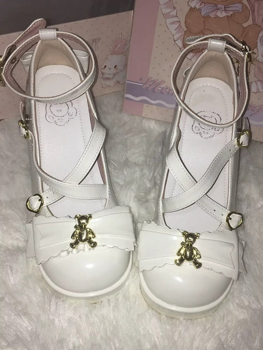- White Leather Design Heel Lolita Shoes PU with Crisscross for Block High