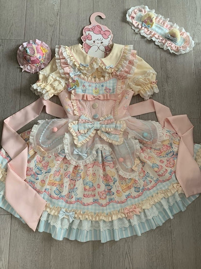 Dress Ruffle Bow Details JSK and Macaron with Lolita Print Sweet Cake Color