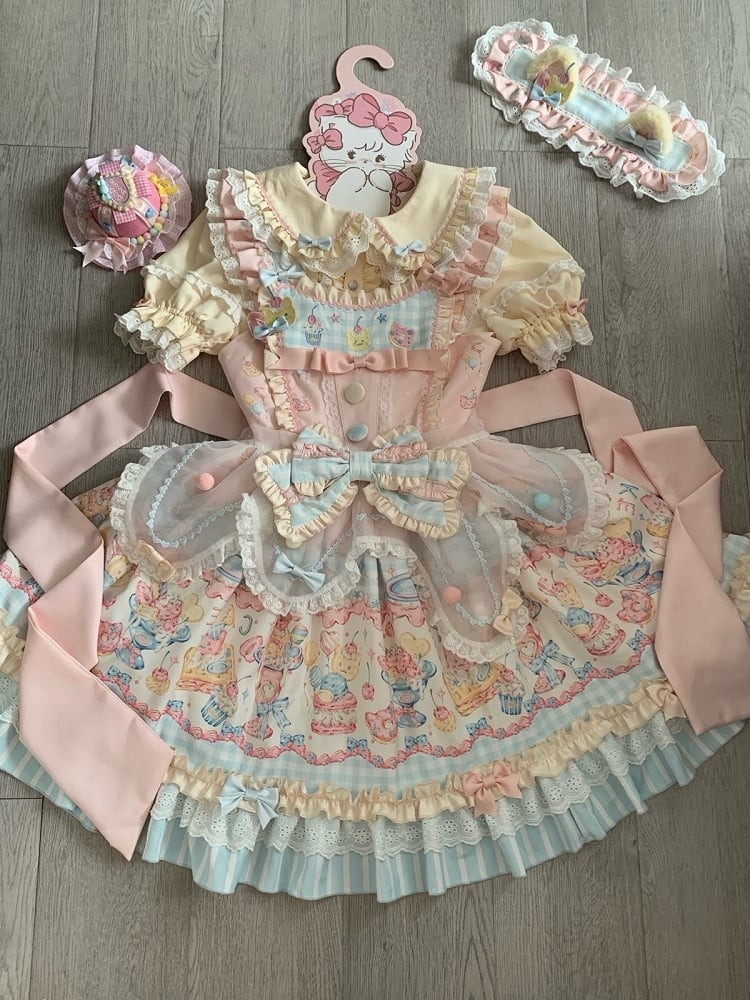 JSK Sweet Hairclips Short-Sleeve Macaron Dress Bow + Color with and Blouse Set Print Ruffle Details Lolita Back Hairband Full Cake