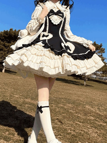 Beige Lace JSK Embellished Heart Sweet and Dress Black Ruffles with Bow Lolita Patch