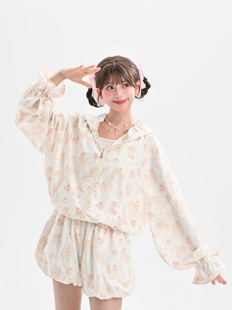 袖口キティベージュ全体にキティプリントフード日焼け防止ジャケット耳ドローストリング