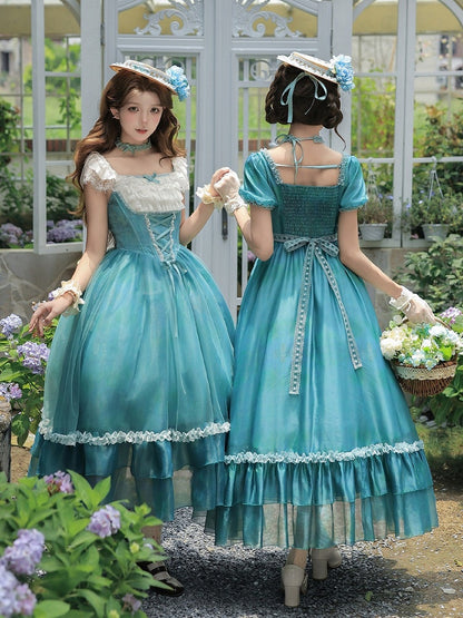 Square Neck Teal Lolita Dress with Belt & Chain Set - Elegant - With PUJI