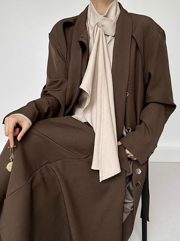 Button Sleeve Long Extended Stand with Shirt Unisex Collar Khaki