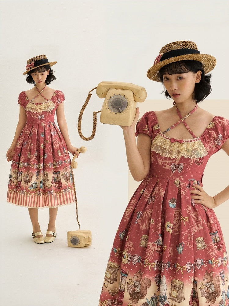 Red Halter Lolita OP Dress with Popcorn Bear Theme, Long/Short Version - Sweet Dream