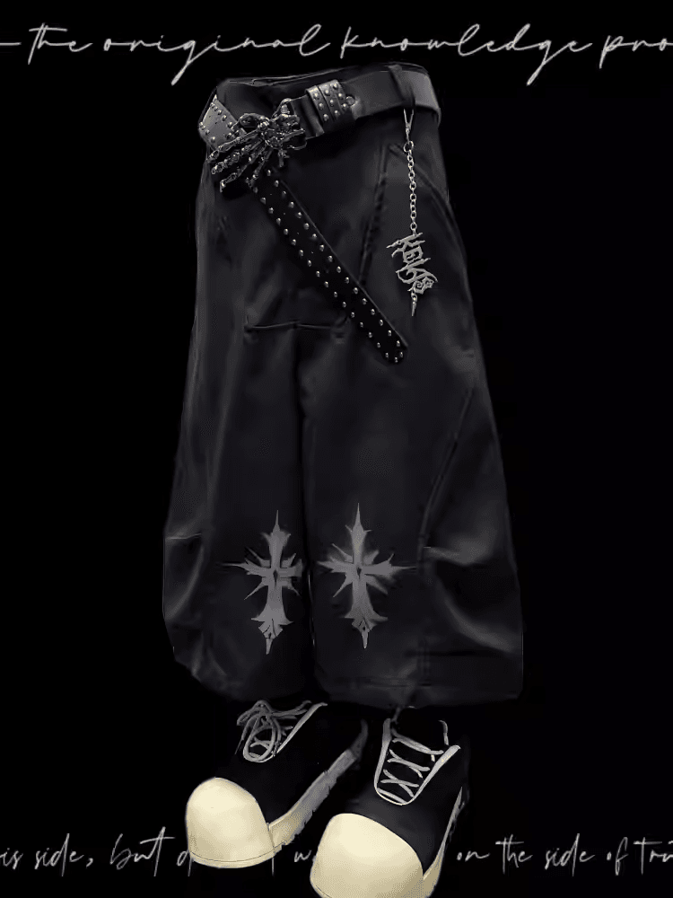 ロックY2Kワイドレッグパンツフリーチャームブラッククロスプリントパンク