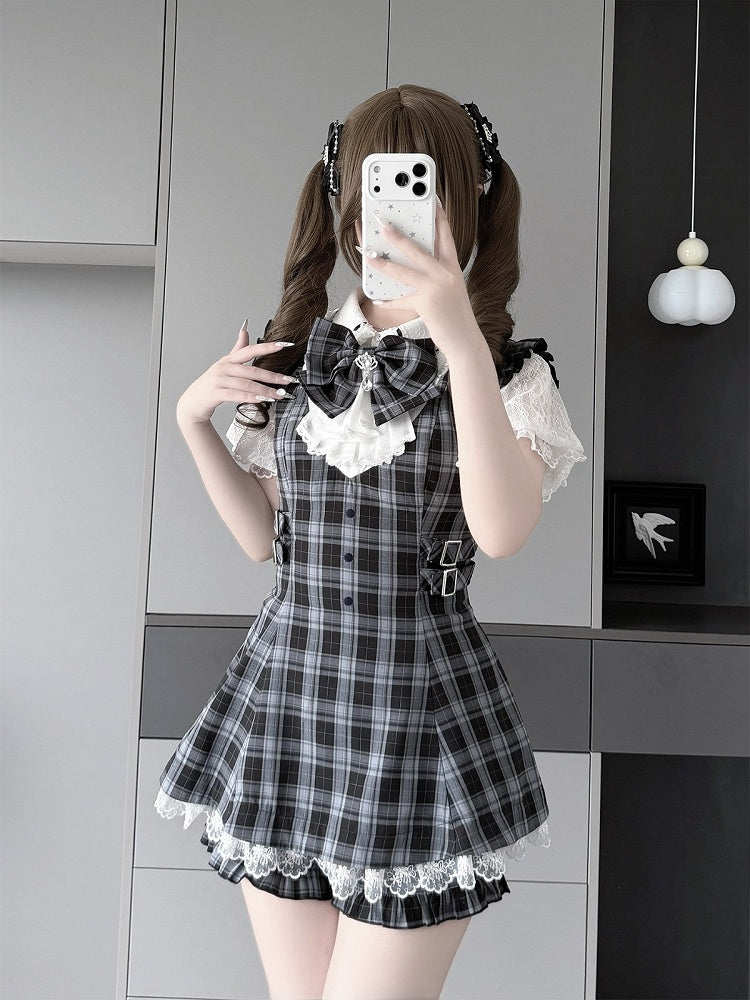 Jabot Black & White Jirai-Kei Plaid Short Sleeve Gown with Lace Bow Accents + Matching Shorts Set - Puzzles