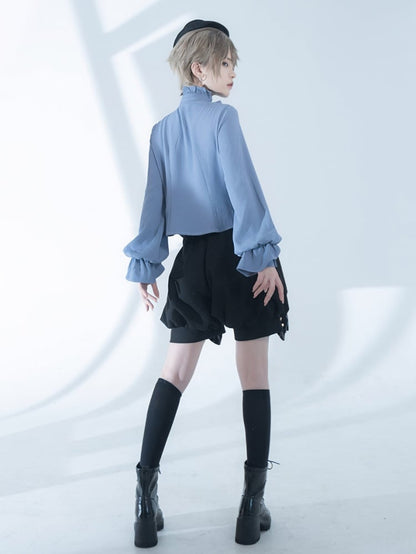 Blaues Ouji Lolita Fashion Jabot-Kragen-Hemd im Prince-Stil