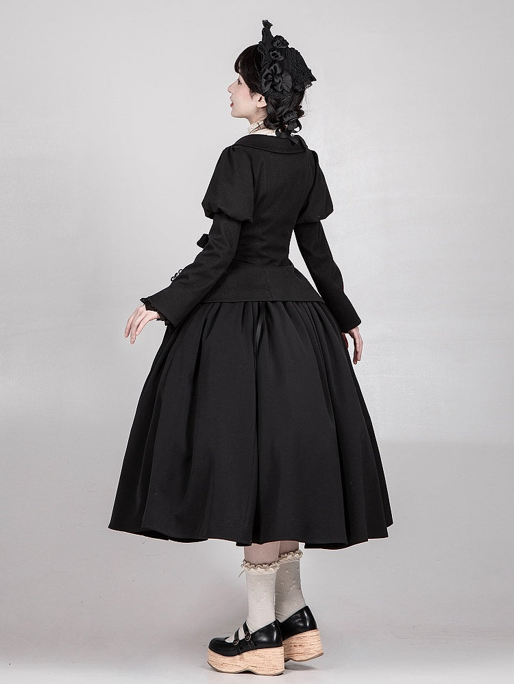 ブラック ジュリエットスリーブ ラウンドフラットカラー ロングスリーブコート