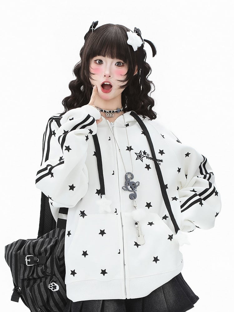 Pattern Black/White Hoodie with Jacket Kawaii Stripe