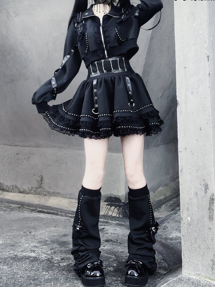 Jirai Bow Skirt + Black Lace Set Zipper Decor Kei Chain-Waist Leather Leg Strap Top Warmers