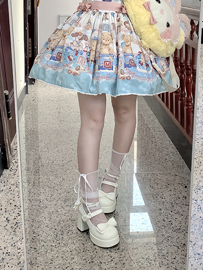 Weiße Lolita-Schuhe mit Schleife und Plateau und hohem Blockabsatz