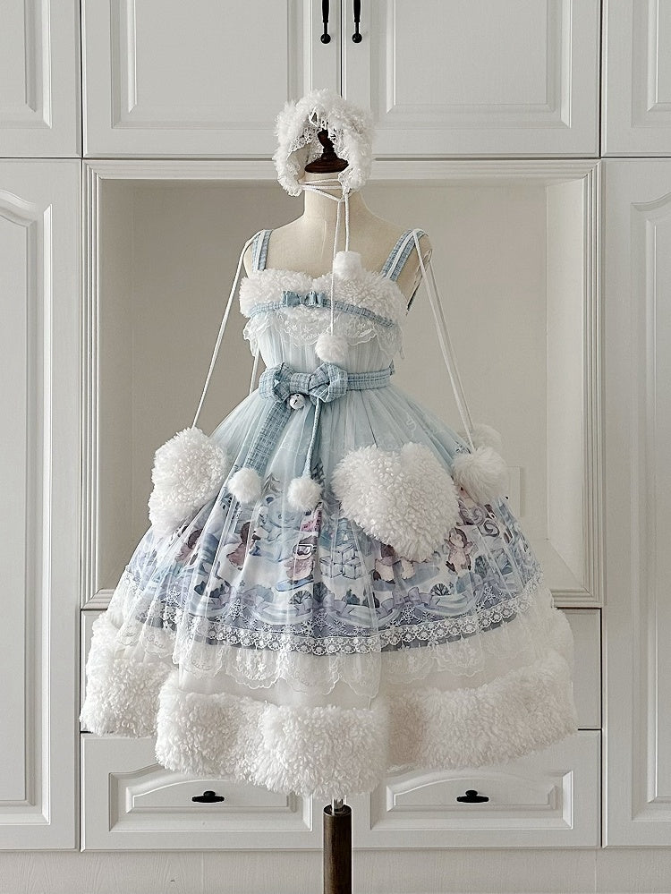 Sweet Winter High Waist Lolita JSK with Blue Penguin Print - Lineall Cat