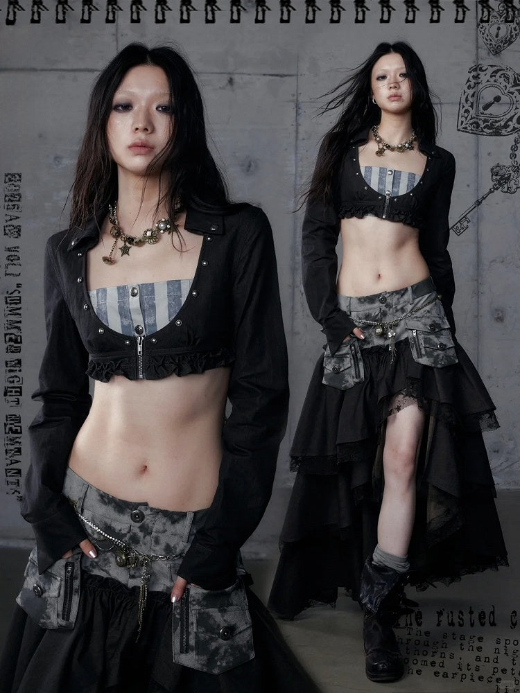 Gray Shirt: Length Underbust Vintage with Cropped Punk Black