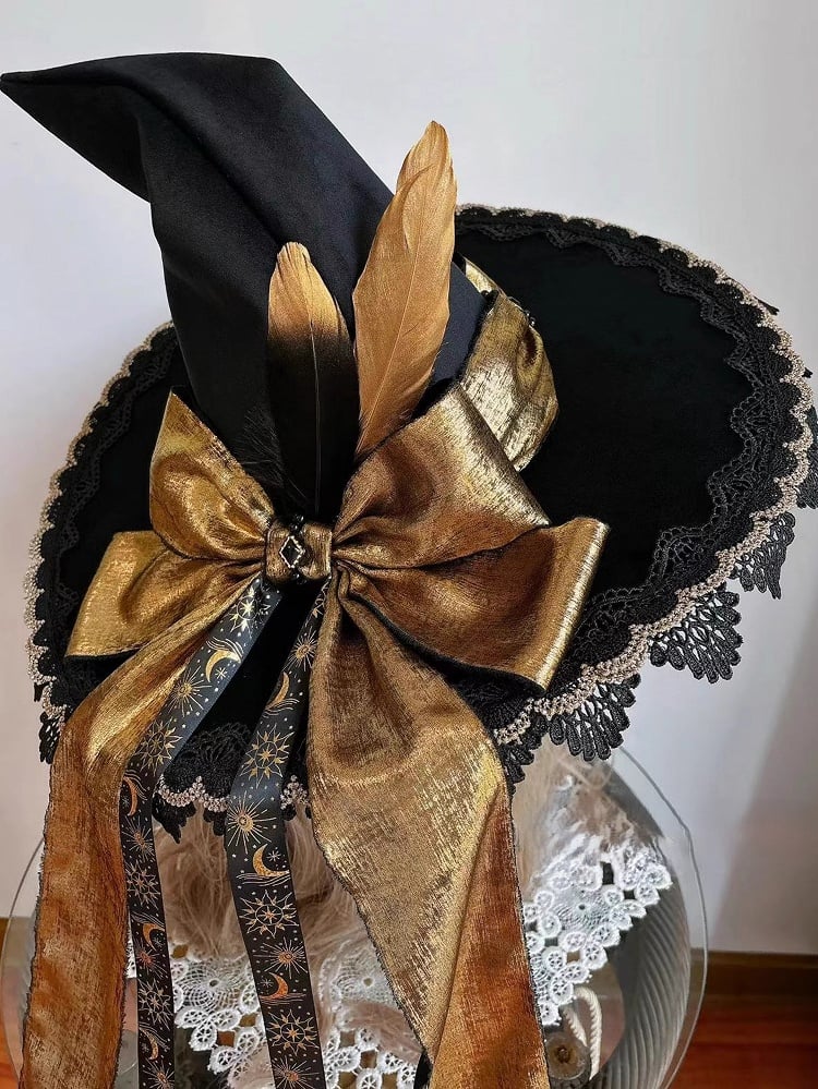 Bowknot Witch with and Golden Hat Feather Decorations Black