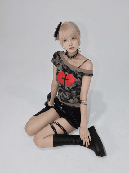 Asymmetrical T-Shirt Neckline Heart and Cross Print Army Green Camo Y2K
