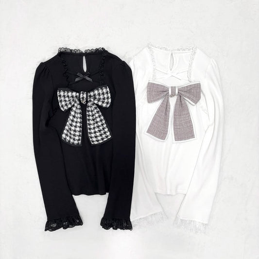 Kei Black/White with and Neckline Tweed Jirai Bow Criss-Cross Top Knit Big