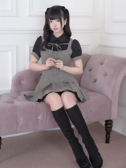Black Jirai Kei Fake Two-Piece Plaid Short Sleeve Dress with Lace Detail and Belt - No Genki