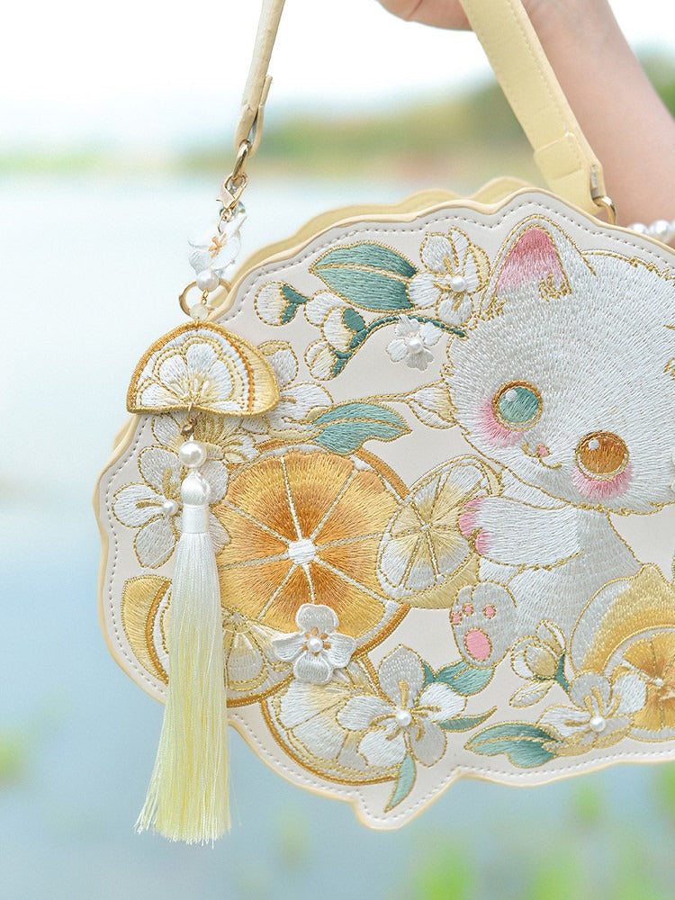 Kawaii Cat Lemon Embroidery Bag Pearl Chain - Miss Cat