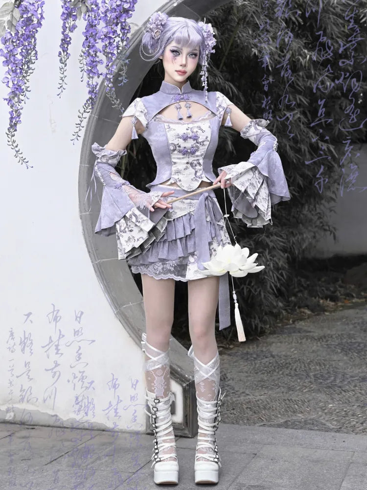 Lila Stoff Shorts Print Rock Futter S Chinoiserie Dragon Ausverkauf Größe 65–69 cm Taille für mit