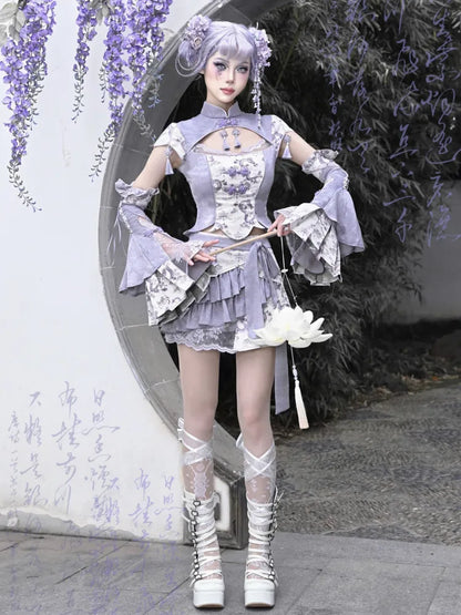 Lila Stoff Shorts Print Rock Futter S Chinoiserie Dragon Ausverkauf Größe 65–69 cm Taille für mit