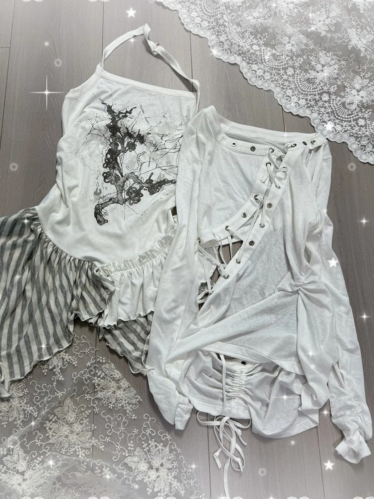 White Asymmetrical Cut Long Sleeve Top with Lace-Up Details - Blazed Field