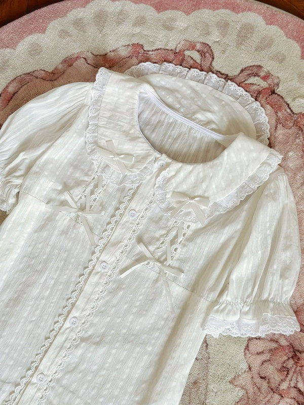 White Sweet Peter Pan Collar Short Sleeve Cotton Blouse Lolita - Jelly Girl