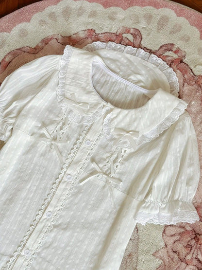 White Sweet Peter Pan Collar Short Sleeve Cotton Blouse Lolita - Jelly Girl