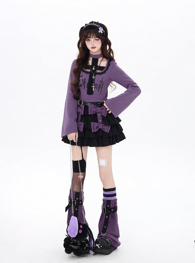 Gothic All-in-one Design Choker Top and Black/Purple Bell Sleeves Cross