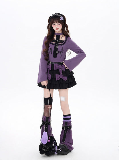 Gothic All-in-one Design Choker Top and Black/Purple Bell Sleeves Cross