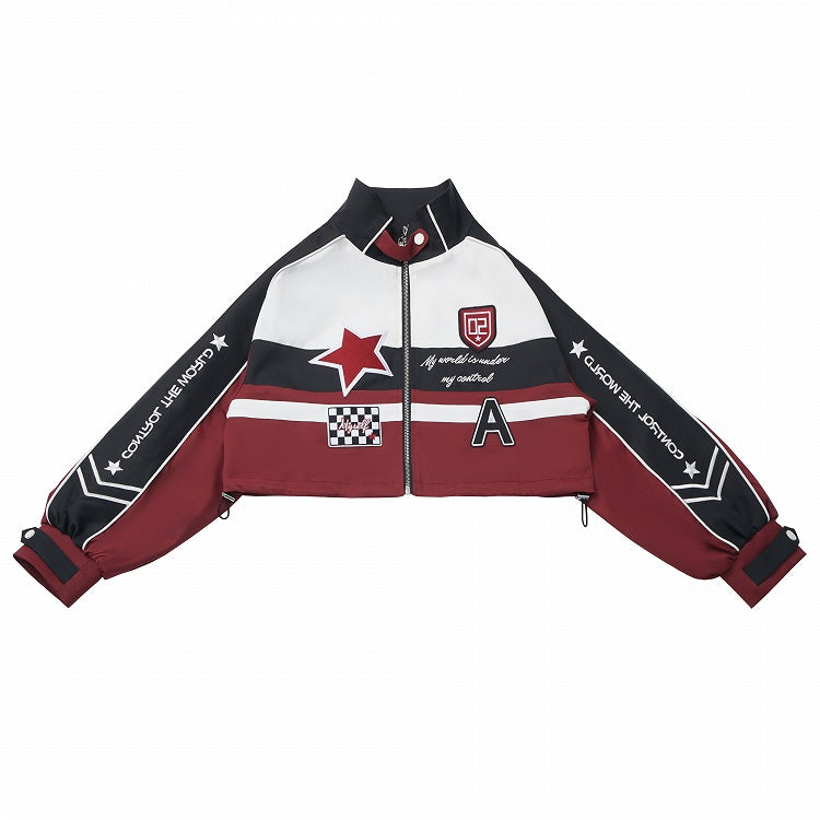 Red Cropped Embroidered Zipper Applique Jacket Moto-Inspired Accents with White