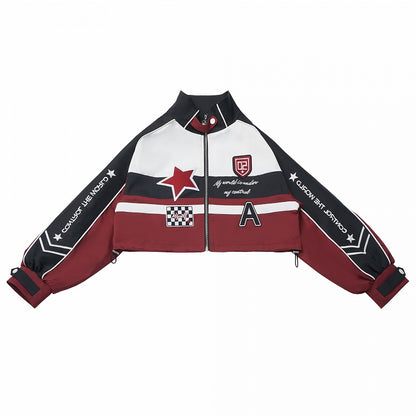 Red Cropped Embroidered Zipper Applique Jacket Moto-Inspired Accents with White