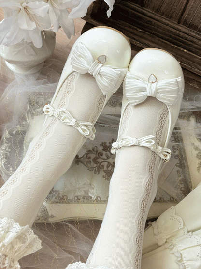 Toe Round Heart Bow Heels White with Details Accents Sweet Mid/Low Lolita
