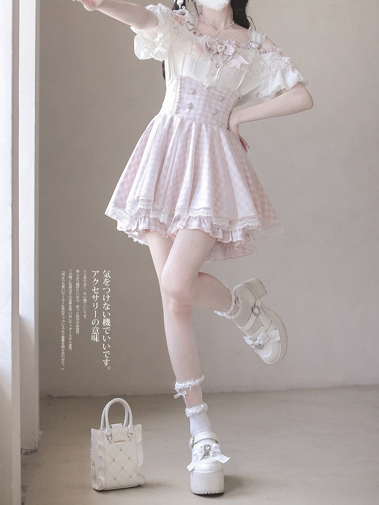 White Lace Plaid Jirai Kei High Waist Pink Trim Skirt with