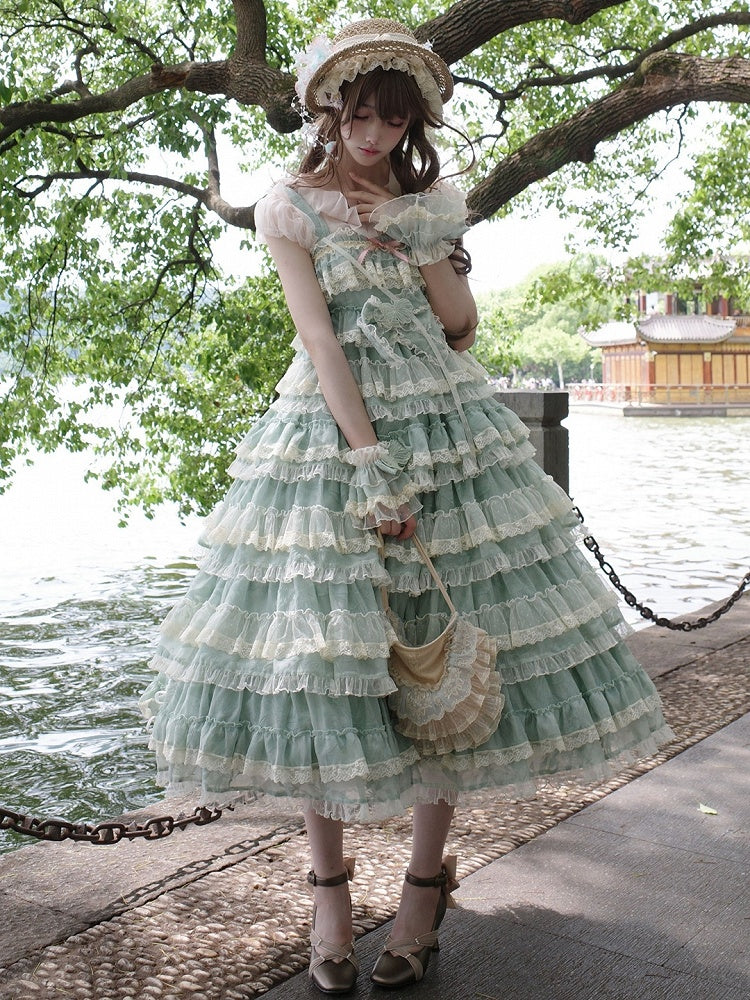 and Goldfish Adjustable Straps Dress with Lolita Ruffle Green Multi-Layered Sweet Embroidery